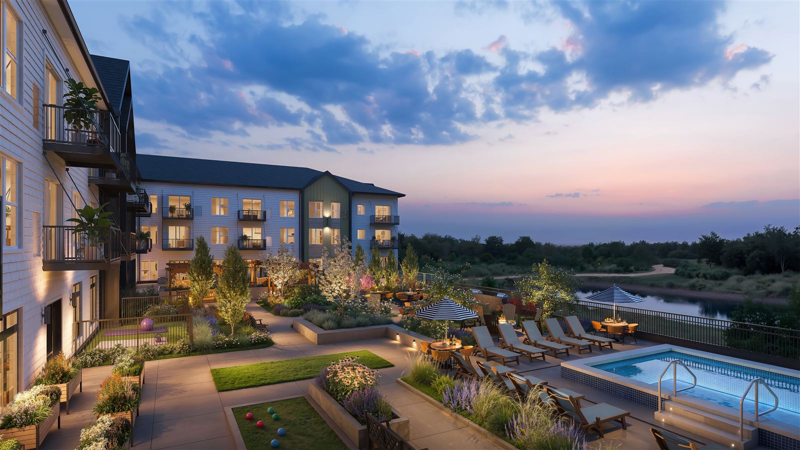 Linden House Hudson outdoor amenity deck, southeast view, with pool and lounge seating