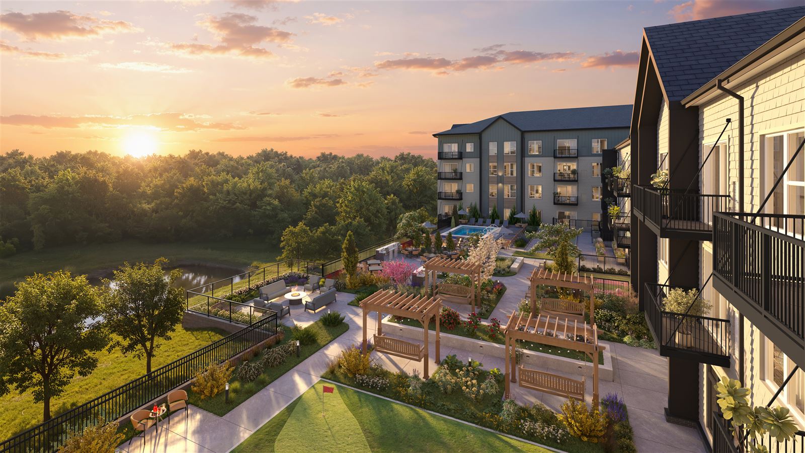 Linden House Hudson outdoor amenity deck, southwest view, with pool and lounge seating