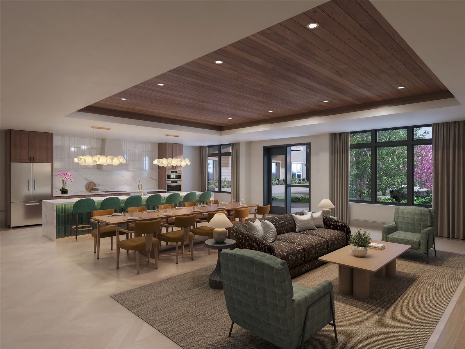 Linden House Hudson Clubroom, a lounge and dining space with a kitchenette bar