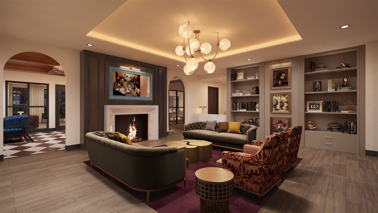 Olinia Maple Grove Grand Lobby, a fireplace lounge with a mounted television and an arched doorway to a checkerboard-tile hallway
